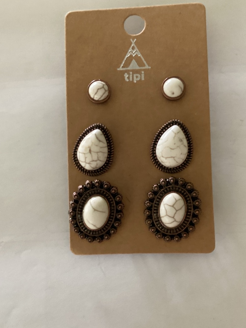 Tipi White Stone and Antiqued Brass Earring Set - 3 Pairs